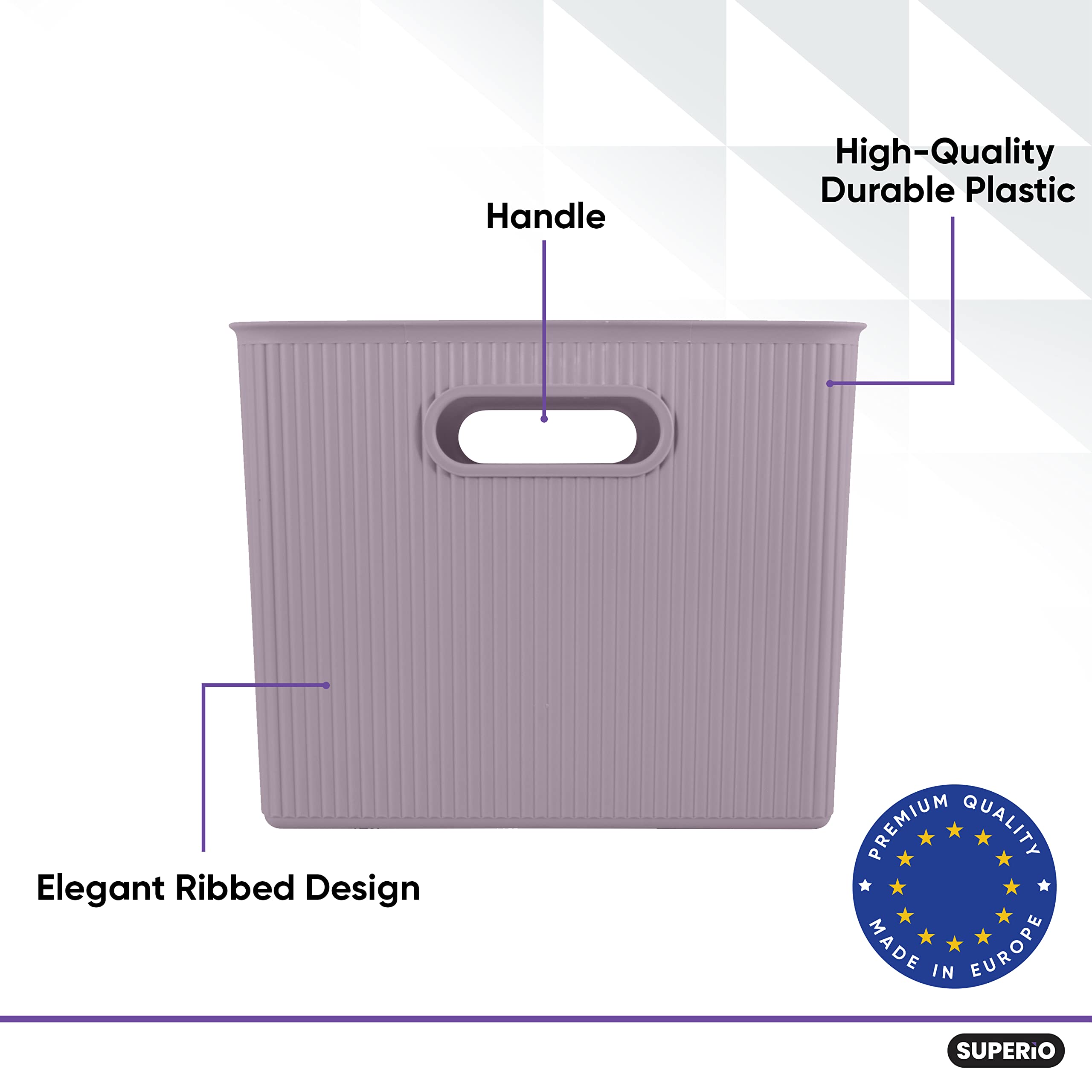 Superio Ribbed Collection - Decorative Plastic Open Home Storage Bins Organizer Baskets, X-Large Lilac Purple (4 Pack) Container